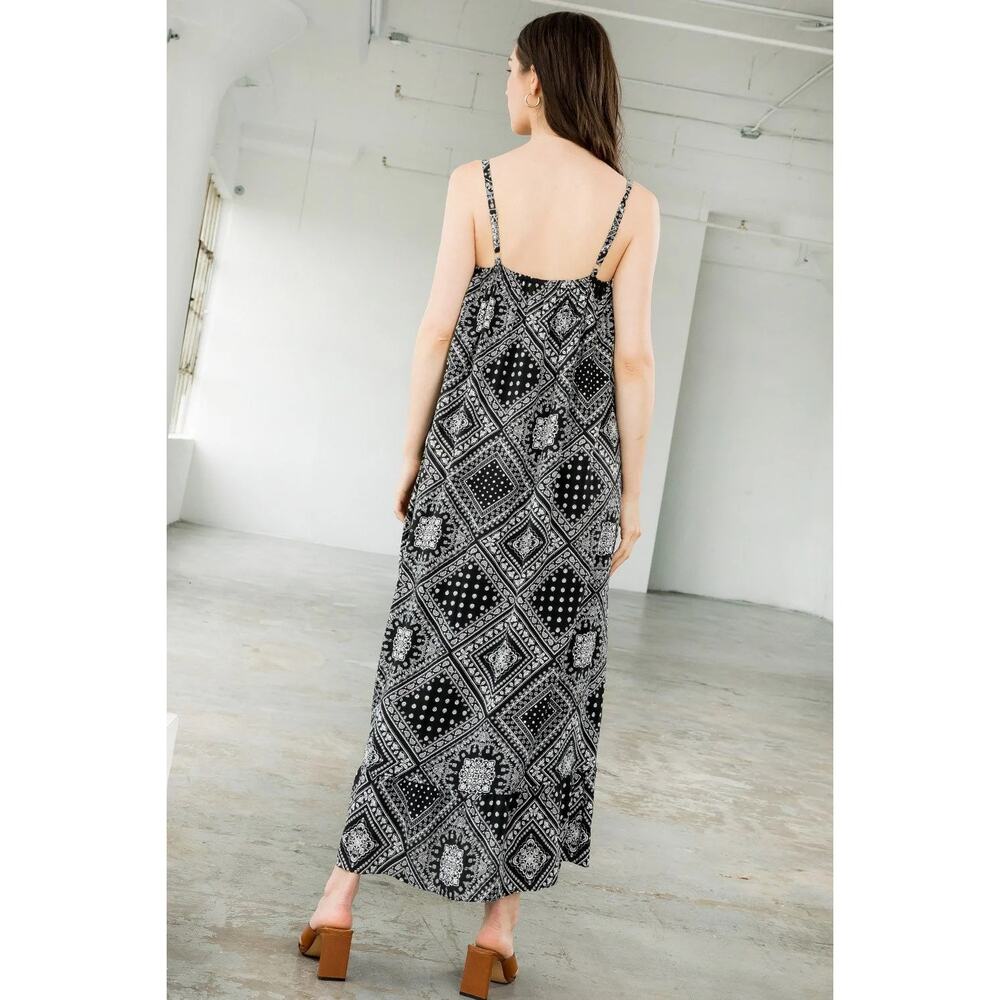 THML Black Embroidered Bandana Print Relaxed Fit Boho Southwestern Midi Dress L - Picture 2 of 9